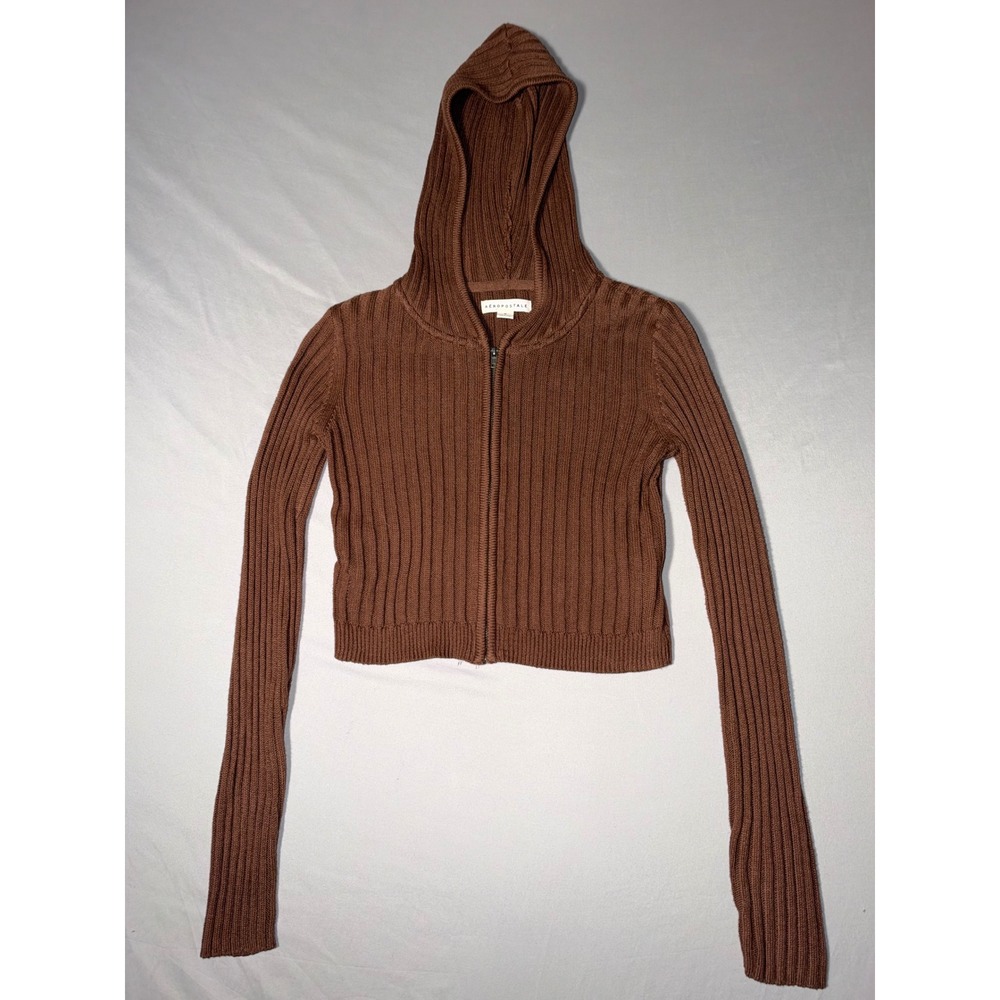 Aeropostale Brown Ribbed Full Zip Hooded Sweater Cropped Y2K Knit Top Medium